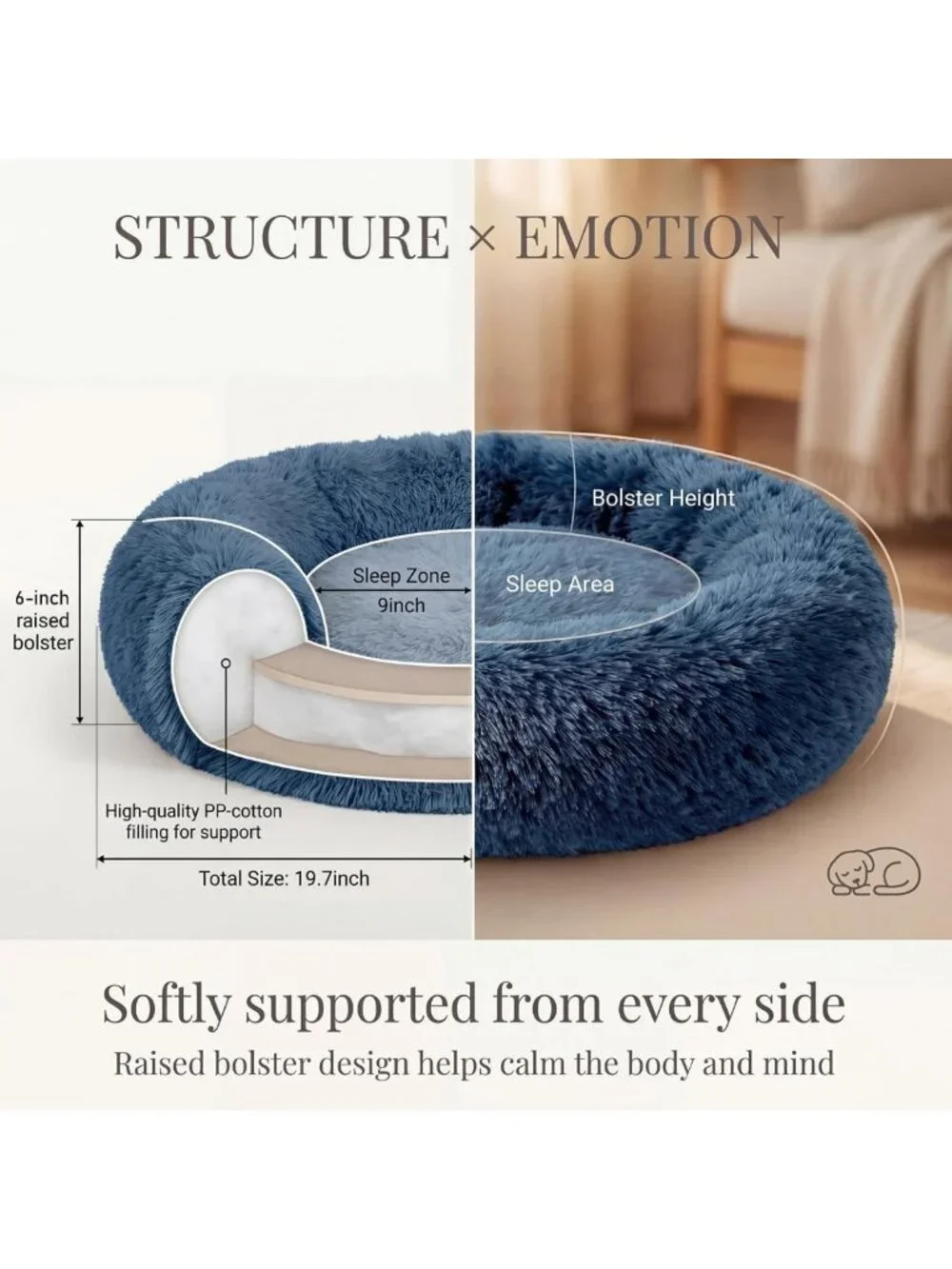 Cozy Washable Donut Dog Bed for Small Pets, Fluffy Round Design, Navy Blue